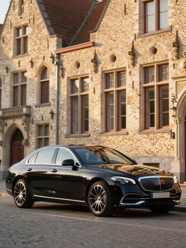 Medium shot of a luxury black sedan parked near the historic architecture of Brugge, warm golden hour light, shallow depth of field