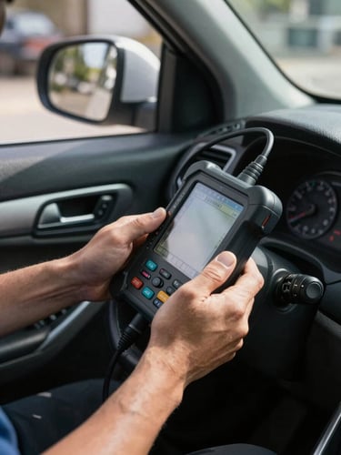 Close-up overhead shot of a mechanic's hands holding a diagnostic scanner connected to an OBD port inside a car interior, natural workshop daylight from a side window, readout screen partially visible, honest shadows across the dashboard surface
