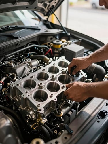 Close-up of an open engine bay mid-repair, natural north-facing daylight flooding the workshop from the right, mechanic's hands reaching in to disconnect a component, honest shadows across the cylinder head, raw metal surfaces visible, no studio lighting
