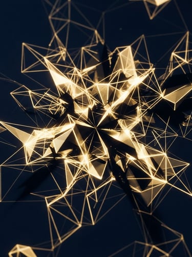 Close-up of a glowing gold abstract geometric data visualization on a dark navy screen, sharp shadows, high contrast, minimalist.