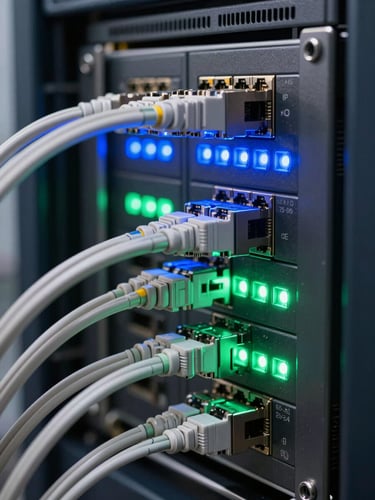 Macro shot of physical server rack hardware with glowing blue and green status LEDs, sharp focus on clean ethernet cabling, dark technical background.