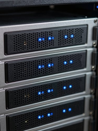 Macro shot of physical server hardware in a dark data center, electric blue indicator lights glowing on metallic surfaces, shallow depth of field, technical atmosphere.