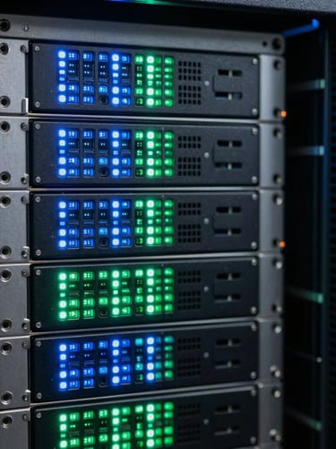 Macro shot of physical server hardware in a dark data center, glowing electric blue and cyber-green LED status lights, sharp focus, architectural depth.