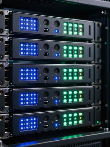Macro shot of physical server hardware inside a high-security data center, glowing electric blue and cyber green status LEDs, dark obsidian racks, shallow depth of field.