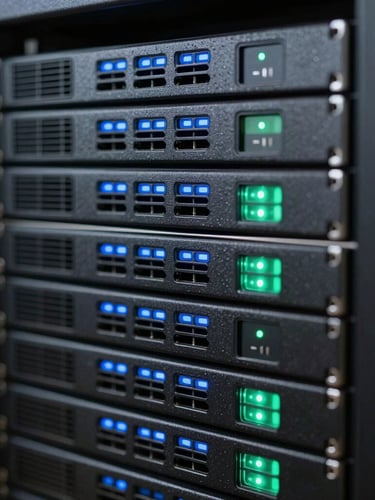 Macro shot of physical server hardware, clean black aluminum server racks with glowing electric blue and cyber-green LED indicators, shallow depth of field.