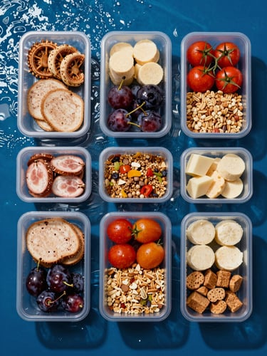 Top-down clean shot of structured athletic meal prep containers, fresh proteins, complex carbs, cold high-contrast studio lighting, sharp focus