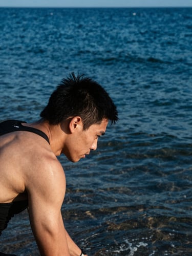 Close-up of a focused athlete preparing on the shore, sharp morning daylight, deep ocean blues, 35mm sports photography