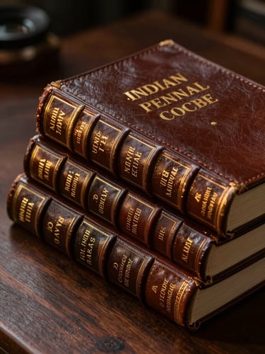 Low-angle dramatic side-lit close-up of leather-bound Indian penal code volumes on a dark wooden desk, warm gold light accentuating the gold-embossed lettering on the spines