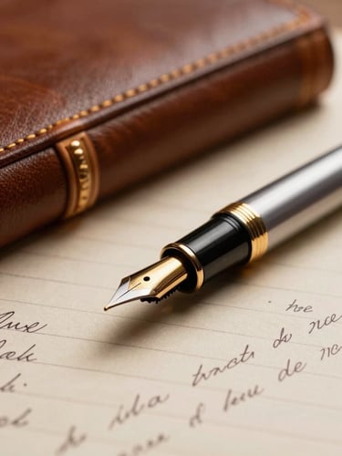 Macro shot of a classic fountain pen resting on a handwritten legal brief, warm golden side-lighting, deep shadows, leather-bound volumes softly blurred in the background.