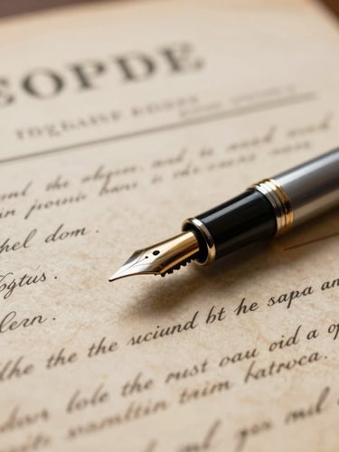 Macro close-up shot of vintage property deeds and a classic fountain pen resting on textured legal paper, dramatic side-lighting with warm golden undertones, shallow depth of field.