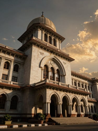 Low-angle architectural photograph of the Hyderabad High Court exterior, high-contrast chiaroscuro lighting casting deep shadows, dramatic golden hour sky in the background.