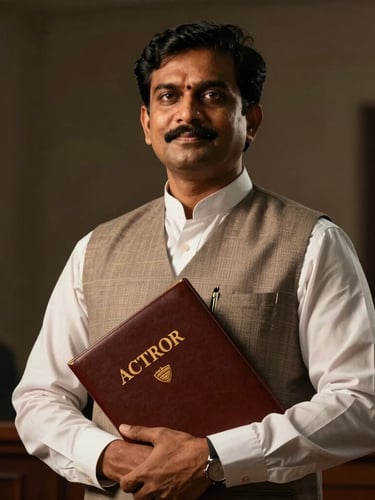Low-angle dramatic portrait of Advocate Ravieendranath in professional courtroom attire, holding a legal brief, warm golden chiaroscuro lighting, dark background.