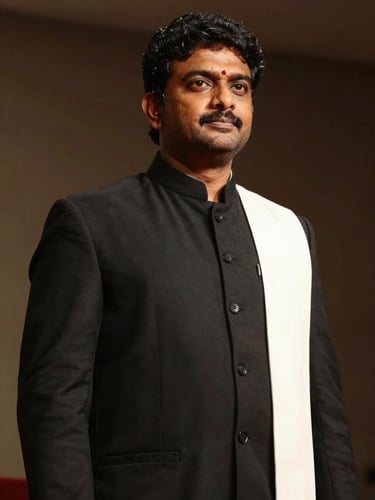 Low-angle medium close-up of Advocate Ravieendranath in professional black court coat and white bands, dramatic side-lighting with warm undertones, dark background.
