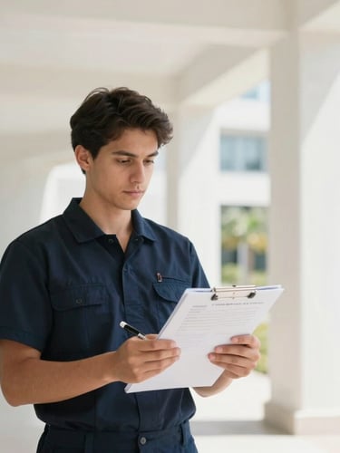 Portrait of a professional cleaning team member in a crisp, dark uniform, holding a clipboard with a checklist, with bright natural Florida daylight illuminating their focused expression, architectural background of a clean, modern interior, 35mm, portrait aspect.
