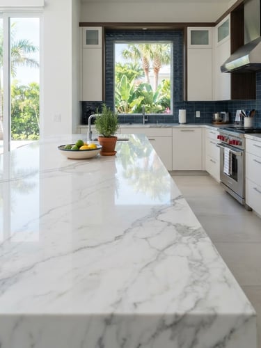 Wide shot of a pristine, high-gloss marble countertop in a modern kitchen, bathed in bright natural Florida daylight, with a subtle reflection of a window, sharp focus.