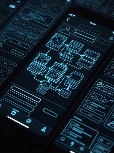 Sleek dark-mode technology photography, mobile interface wireframe glowing with subtle neon blue accents, sharp focus, high-contrast, 35mm lens