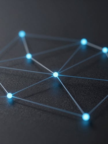 Abstract glowing network connections on a deep slate gray background, soft neon blue light reflections, low-key lighting, sharp focus, 35mm lens