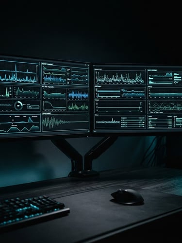 Sleek dark-mode technology photography, low-key lighting with subtle neon blue and green accents. A close-up of a high-performance desktop application interface displaying real-time system metrics, running on a dual-monitor setup in a minimalist dark workspace, 35mm lens.