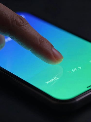 Extreme close-up macro shot of a thumb interacting with a sleek mobile screen, vibrant blue and green neon interface glows reflecting on skin, dark moody studio lighting, 35mm lens