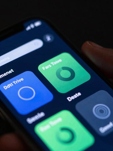 Extreme close-up macro shot of a mobile screen showing fluid UI animations, vibrant electric blue and cyber green neon glows reflecting on a hand, dark ambient studio lighting, 35mm lens