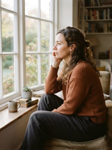 A thoughtful woman looking out of a large window with soft morning light filtering in, warm domestic setting, 35mm photography