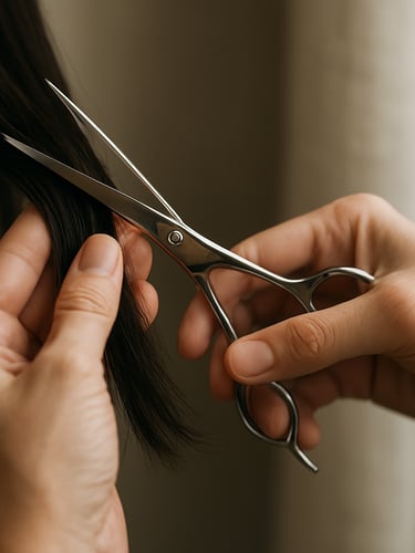 Close-up of a stylist's hands holding professional scissors near a section of dark hair, natural daylight from a side window, shallow depth of field, neutral linen background visible at the edge