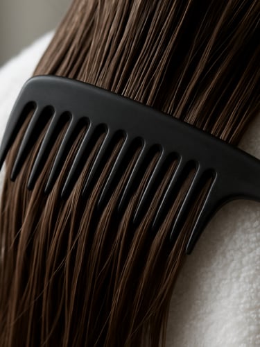 Close-up of a wide-tooth comb working through glossy conditioned hair against a white towel, soft diffused window light, no person visible beyond the hair