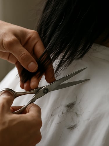 Close-up of a stylist's hands guiding scissors through dark hair on a clean white drape, natural window light from the left, shallow depth, no face visible