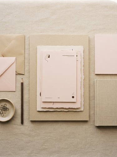 Minimalist flat-lay of pastel pink and warm beige corporate stationery, chocolate brown typography accents, soft natural morning light