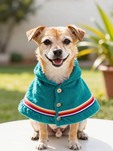 A happy small dog wearing a vibrant custom-tailored Mexican teal poncho, looking directly at the camera, warm sunny garden background, 50mm lens