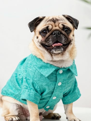 Bright high-key pet photography, a happy pug wearing a custom-tailored vibrant teal linen shirt, sitting proudly, soft natural daylight, shallow depth of field, 50mm
