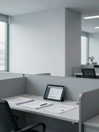 Wide shot of a modern, minimalist office interior with clean architectural lines and natural light, focusing on a structured desk setup with organized documents and a tablet displaying a dashboard. Low saturation, blue and grey tones.