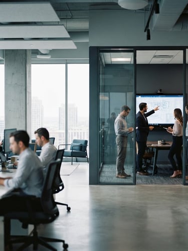 Modern corporate office interior with clean architectural lines, soft natural daylight, low saturation blue and grey tones, a professional team reviewing documents on a large screen in the background. Focused, sophisticated, 35mm.