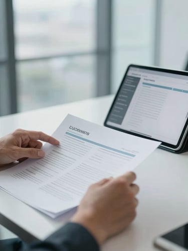 Close-up portrait of professional hands reviewing organized project documents and a tablet displaying a clean dashboard, in a modern office with soft, natural light and blue-grey tones, sophisticated.