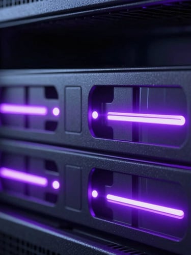 Close-up macro shot of a server rack with glowing neon violet LED indicator lights, deep shadows, futuristic 3D render, cinematic depth of field