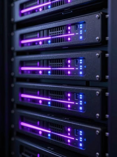Macro extreme close-up of a high-tech server rack, glowing violet and indigo neon LED indicator lights, dark obsidian metal chassis, shallow depth of field, futuristic 3D render feel
