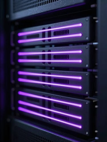 Macro close-up of server racks with glowing neon violet LED indicator lights, dark obsidian background, cinematic depth of field