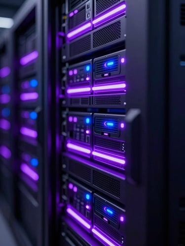 Macro close-up of high-performance server racks in a dark datacenter, intense neon violet and electric indigo indicator lights, shallow depth of field, futuristic 3D render style.