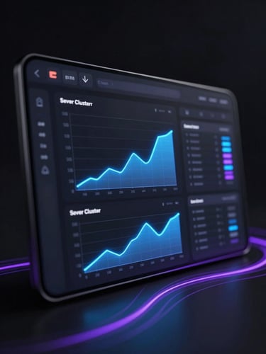 Sleek dark-themed UI dashboard showing real-time server cluster metrics, glowing electric indigo graphs, high contrast, low-key lighting