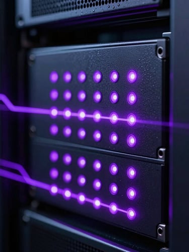 Macro close-up of a high-performance server rack, glowing violet LED indicator lights, dark metallic textures, shallow depth of field, portrait aspect.