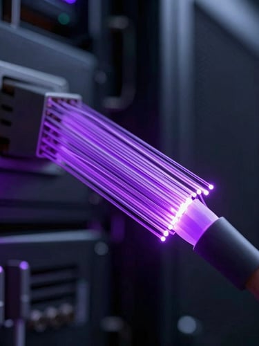 Macro close-up of high-speed fiber optic cables glowing with intense violet light in a dark server room, shallow depth of field, futuristic 3D render style