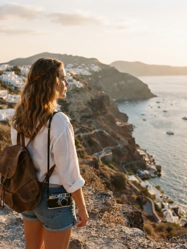 Cinematic portrait of a traveler looking out at a sun-drenched Mediterranean coastline, golden hour light, 35mm film style, warm tones