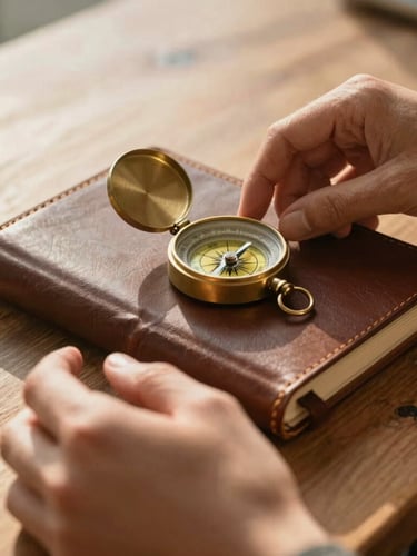 Close-up of hands arranging a leather-bound travel journal and vintage brass compass on a wooden table, soft morning light, warm editorial style