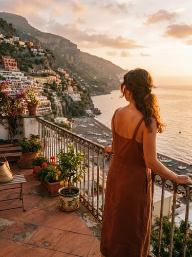 A traveler looking out over a sun-drenched terracotta balcony in Italy during golden hour, warm editorial travel photography, rich sun-drenched tones, cinematic depth of field, 35mm film