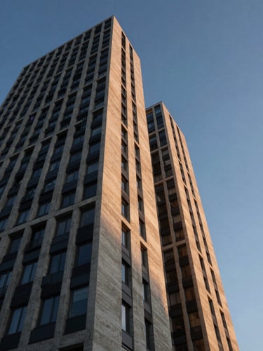Low angle shot of modern concrete and steel high-rise architecture, sharp geometric lines against a deep twilight sky, golden hour reflections.