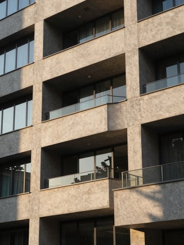 High-contrast architectural detail of modern concrete and glass facade, sharp golden-hour highlights casting deep geometric shadows, clean professional composition