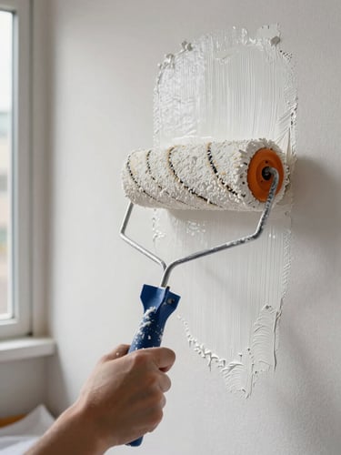 Close-up of a painter's roller applying warm white latex paint to an interior wall, paint texture visible mid-stroke, natural daylight from a nearby window, drop cloth on floor visible at bottom edge
