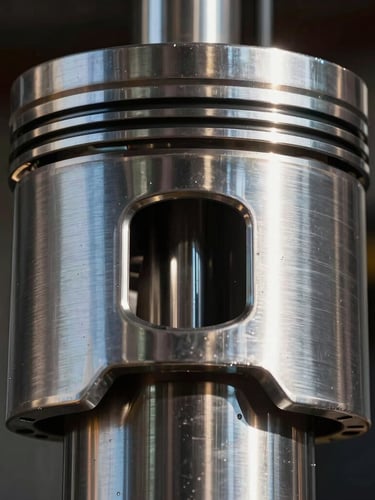 Extreme macro detail of a massive hydraulic cylinder piston, polished steel reflecting harsh Northern Territory sunlight, dark industrial background.