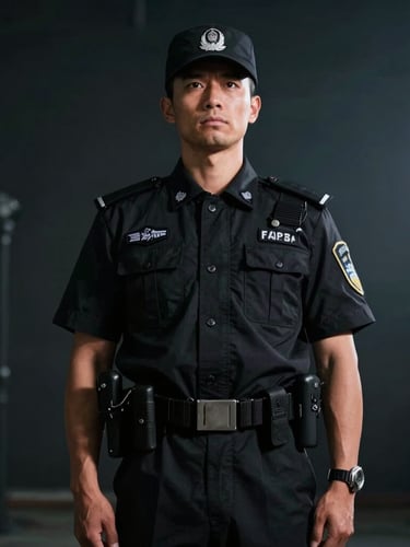 Low-angle dramatic shot of a disciplined security officer in a sharp black uniform standing at attention, rim lighting highlighting physical stature, dark atmospheric background.