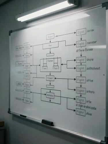 Tight shot of a technical whiteboard covered in system architecture diagrams and connector flow annotations, cool fluorescent overhead light, monochromatic gray tones, marker lines sharp and precise, no people visible